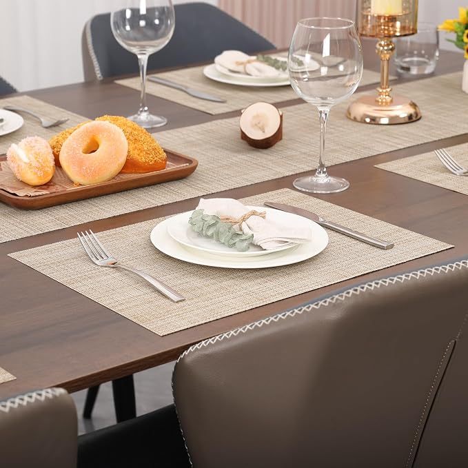 Myir JUN Placemats Set of 10 Kitchen and Dining Table Placemats | Vinyl Placemats Place Mats Indoor/Outdoor Set of 10 Washable Table Mats Non-Slip Place mats for Dining Table, Beige