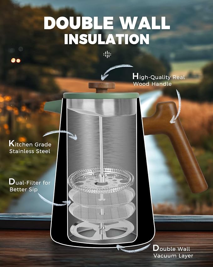 POLIVIAR French Press Coffee Maker, 34 oz | Real Wood Handle, Double Wall Insulation, Dual-Filter Screen, Food Grade Stainless Steel, For Coffee and Tea, Green