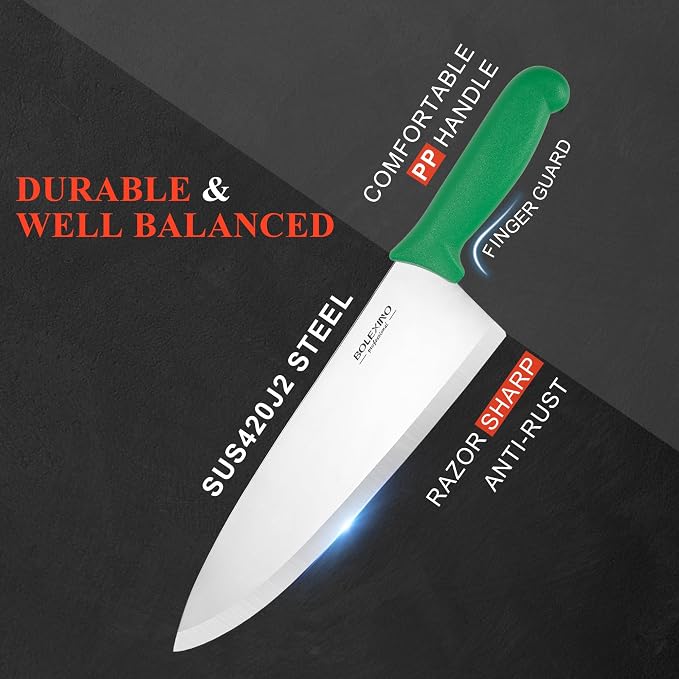 10" Professional Chef Knife, High Carbon Steel, Ergonomic (Green) | 10" High Carbon Stainless Steel,Versatile wide-blade chef knife,Non-Slip Ergonomic Handle,Durable, Stain-Resistant & Sharp.