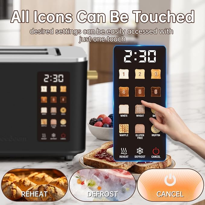 SEEDEEM 2 Slice Toaster with Full Touch Screen, Stainless Steel, 6 Bread Types & 6 Shade Settings, Countdown Display, Removable Crumb Tray, 900W, Black