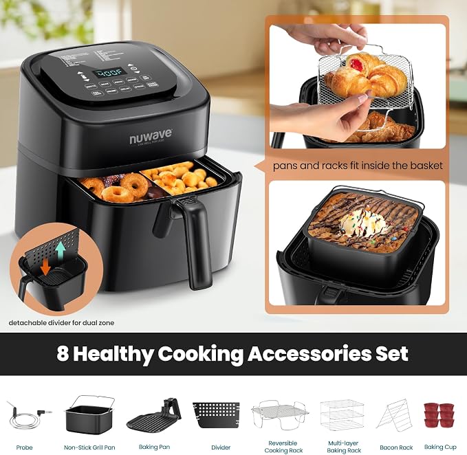 Nuwave Brio 10-in-1 Air Fryer, 6 QT Capacity with Smart Probe | Roast Grill Bake for Fast Meals, One-Touch Digital Controls, Powerful 1800W Fryer, 100 Recipes, Removable Divider, Grill Pan