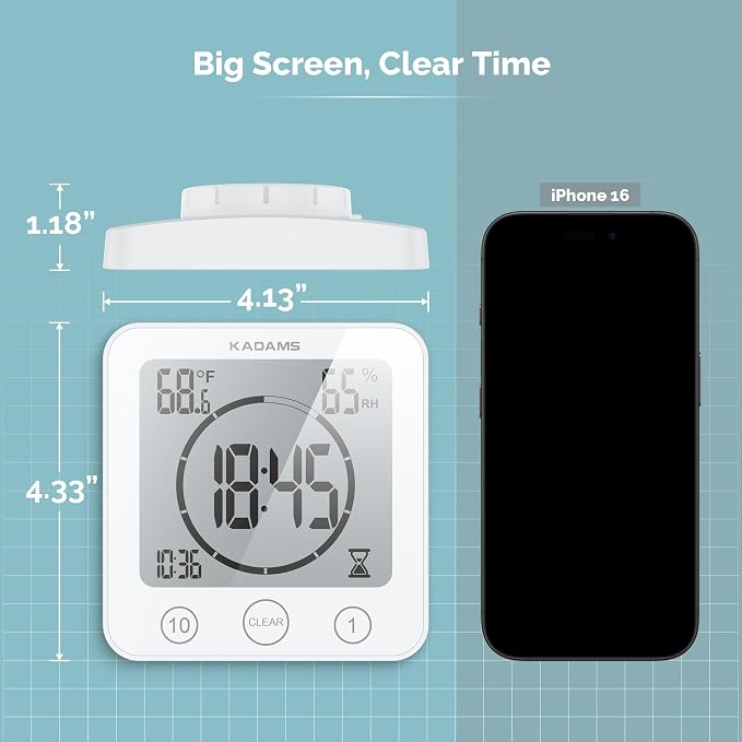 KADAMS Shower Clock Waterproof Bathroom Timer – Digital Wall Clock with Countdown, Magnetic Kitchen Clock with Temperature & Humidity, Suction Cup for Kids Shower Spa Sauna Cook Bath, White