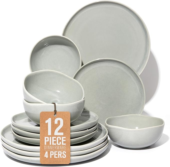 Ceramic Plates and Bowls Set, Everyday Dinnerware Set for 4, Wavy Rim Kitchen Dish Set, Chip Resistant Dishware Sets, Dishwasher Safe Dinner Set, Designed for Simple Meals, Gray Green
