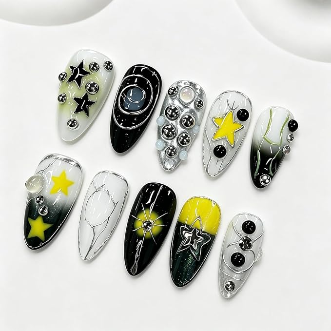 Handmade Press on Nails Medium Almond Gradient Fake Nails with 3D Steel Ball Designs Y2K Metal Embossed Stick on Nails Salon Quality False Nail Summer Stars Acrylic Nail Kit 10pcs (S)