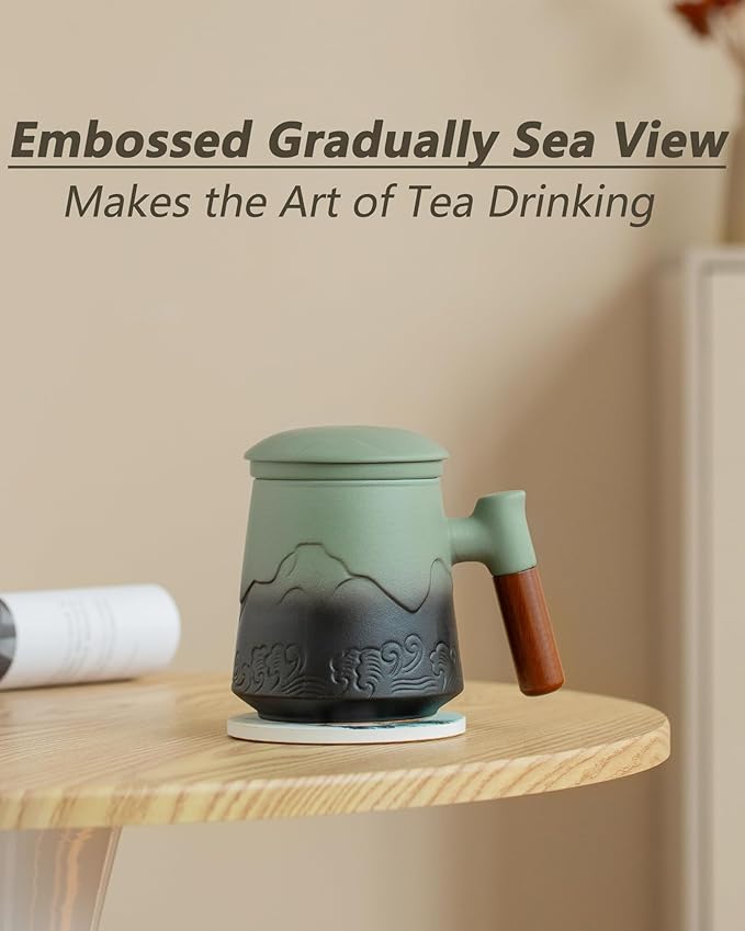 ZENS Tea Infuser Mug with Lid & Coaster, 15oz Loose Tea Diffusers, Moss | Embossed Ceramic Tea Cup with Infuser for Loose Leaf Tea Steeper, Tea Lovers Gifts, Nature Wood Handle