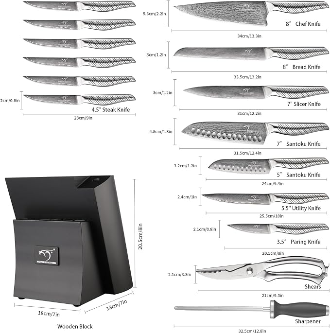 Damascus Knife Set with Block, 16-Piece VG10 67-Layer Steel Kitchen Knives | 16-piece premium Damascus kitchen knife set with VG10 steel core, 67 layers, wood block, and triple-rivet handles