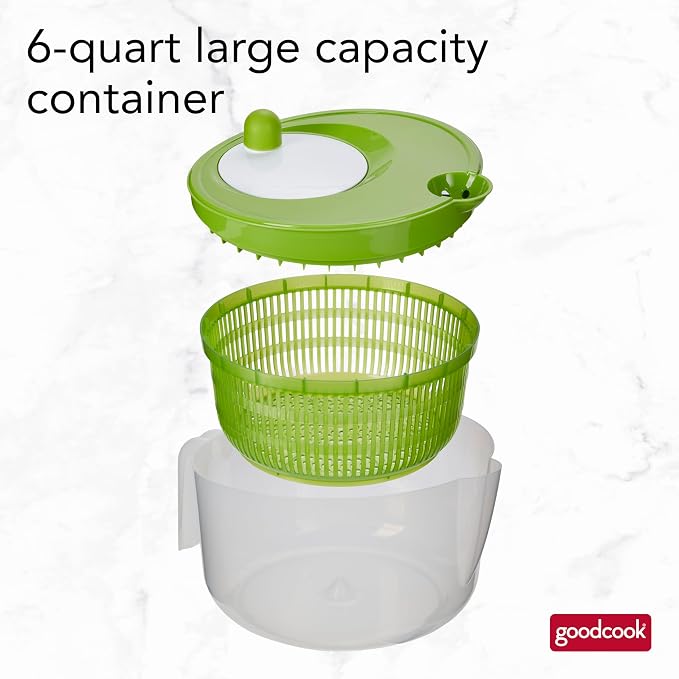 GoodCook Deluxe Salad Spinner - 6 Qt. Capacity, Easy Turn Knob, Built-In Pour Spout, Multi-Use Basket, Durable and Dishwasher-Safe, Large Capacity, Green