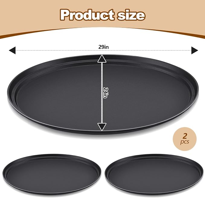 FillTouch 2 Pcs Restaurant Serving Trays PP Plastic Non Slip Rubber Lined Large Oval Tray for Kitchen Dining Room Cafeterias Fast Food Service (24 x 29 Inch,Black)