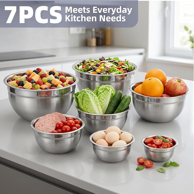7PCS Stainless Steel Mixing Bowls, Airtight Lid Storage Set | Stackable Nesting Design Suitable For Mixing, Baking, Food Prep, Salad Serving And Refrigerator Storage. Dishwasher Safe.