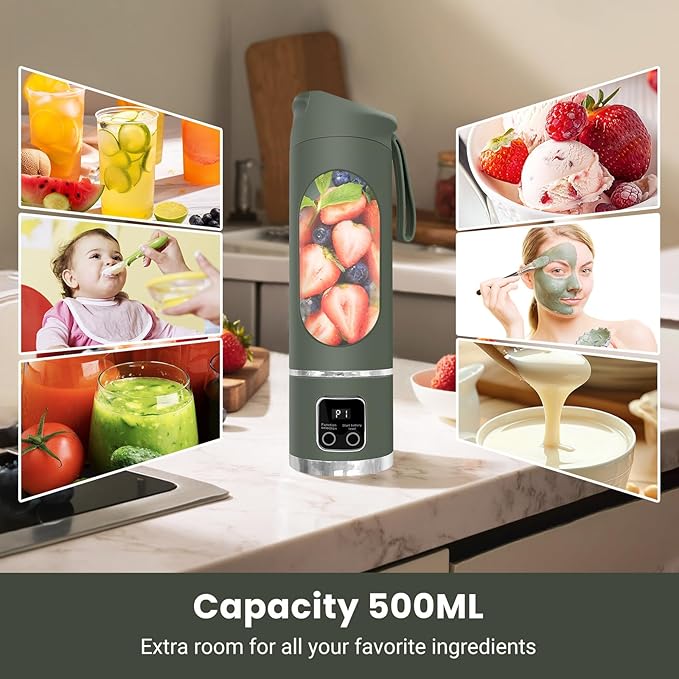 Portable Blender for Smoothies, 500ML USB-C Rechargeable | Personal Blender Cup with 12-Blade Mixer, Mini Smoothie Maker for Protein Shakes, Gym, Office, Travel and Home