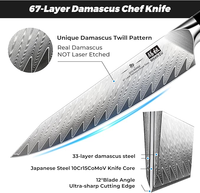 SHAN ZU Damascus Chef Knife 6 inch,67-Layer 10Cr15MoV Japanese Steel | High Carbon Super Sharp Japanese Chef Knife, All Purpose Professional Kitchen Utility Petty Knives with G10 Handle