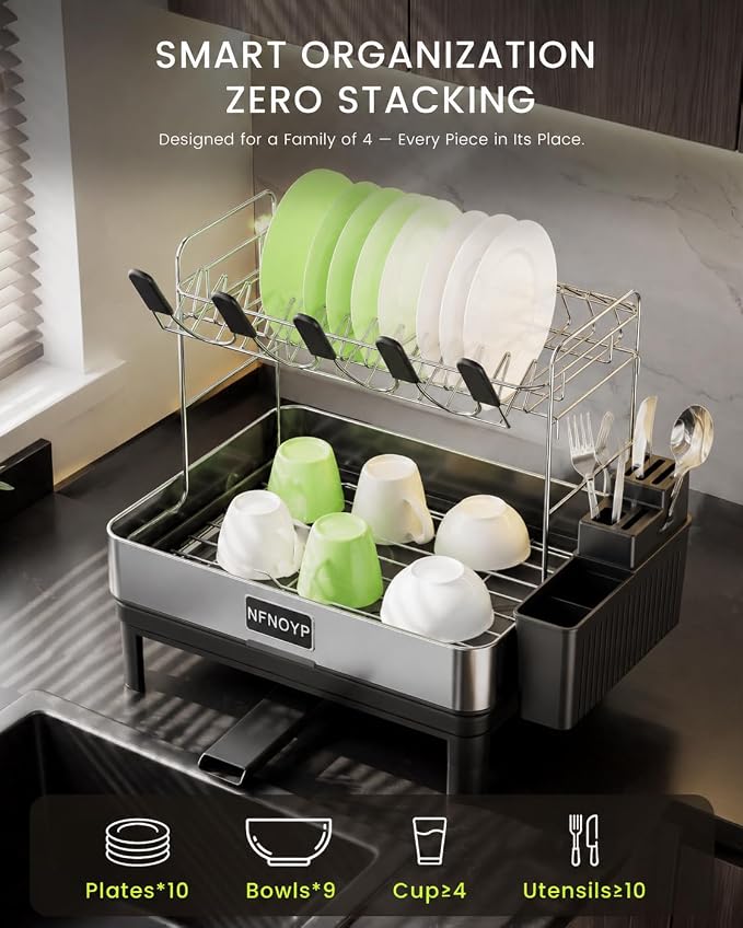 2 Tier Stainless Steel Dish Drying Rack for Kitchen Counter, Black | 304 Large Capacity Rustproof Dish Rack with Auto Drain Spout, Removable Utensil & Cup Holders, Drainboard Set