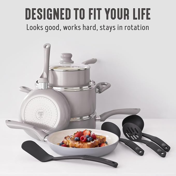 GreenLife 16pc Ceramic Nonstick Pots & Pans Cookware Set, Light Gray | PFAS-Free Nonstick Coating, Stockpot, Frying Pans, Saucepan, Sauté, Induction Ready, All Stovetop Compatible, Dishwasher Safe