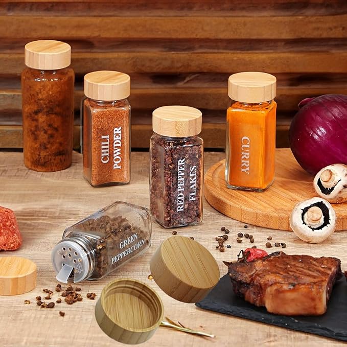 16 Pcs Bamboo Spice Jar Lids Fits Square Containers Seasoning Bottle Sealing Lids Fit Only 4 oz and 8 oz (Bamboo)
