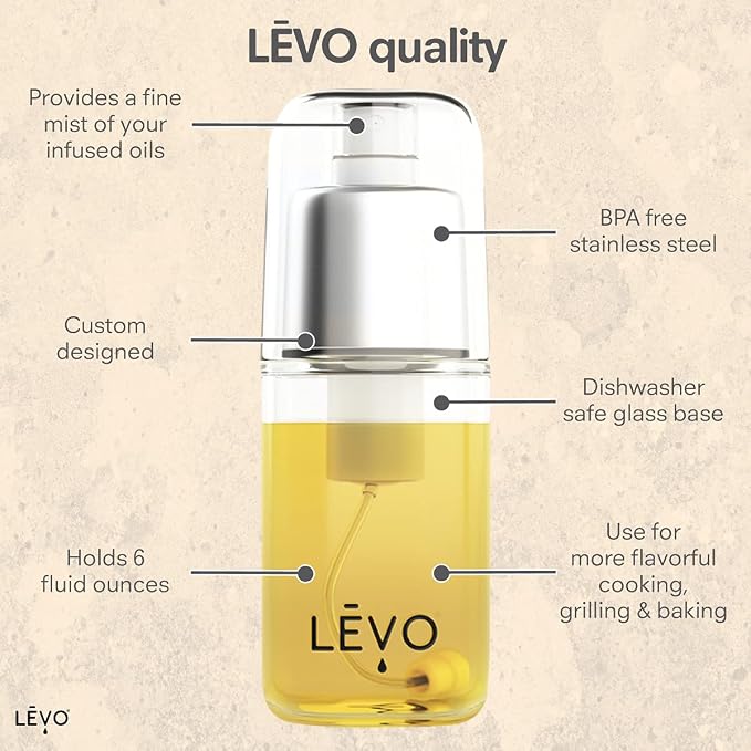 LEVO - Fine Oil Mister - Pressurized Oil Sprayer for Cooking, Air Fryer and Salad Making - Glass Sprayer - 6 fl oz