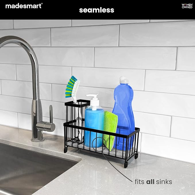 madesmart Drying Stone Sink Caddy with Brush Holder, Black | diatomite tray, fast drying surface open airflow, soap sponge area, cleaning tools, woman owned
