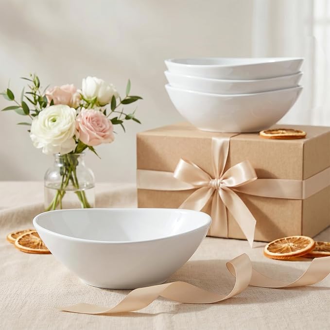 LIFVER 9" Serving Bowls for Wedding Decor, 36 OZ Porcelain Serving Dishes for Entertaining, Large Bowls Set for Soup Salad Side Dishes Pasta, Good Size for Dinner Party, Set of 4, White