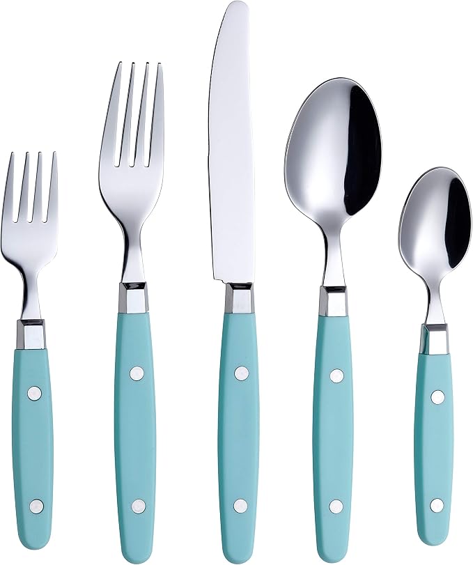 ANNOVA Silverware Set, Retro/Rivet Colorful Stainless Steel Tableware Kitchen Flatware Set Utensils, Includes Dinner Knives, Forks, Spoons, Salad Forks & Dessert Spoons (Turquoise, 20 Pieces)