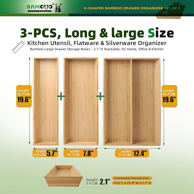 BAMOTTO CRAFTBAMBOO Large Long V-Shaped Bamboo Drawer Organizer Set of 3 | Silverware & Cutlery Tray | Flatware & Utensil | Kitchen & Bathroom | 19.6"×5.7" & 19.6"×7.8" & 19.6"×12.4"