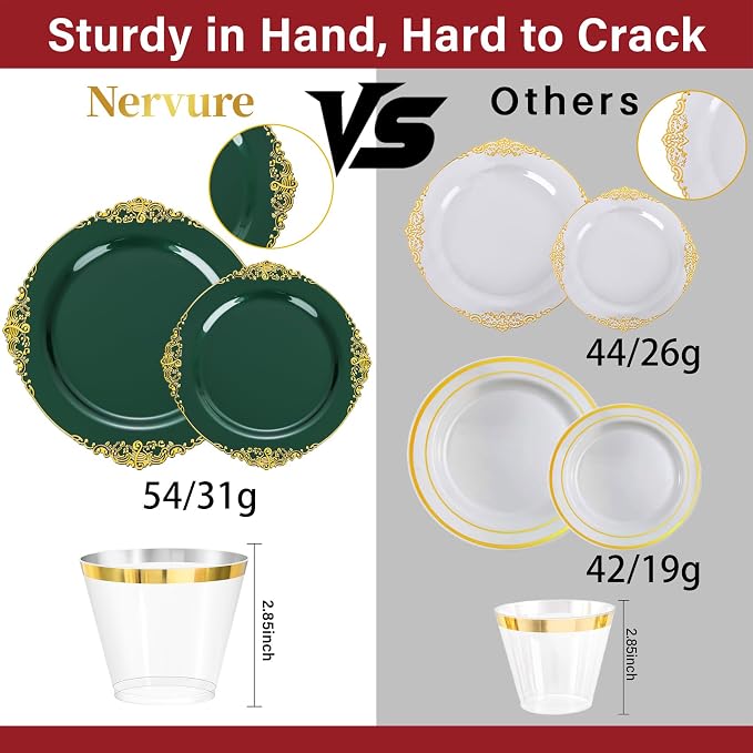 Nervure 175Pcs Green Plastic Plates, Disposable Party Plates for 25 Guests | 25 7.5" Dessert & 25 10.25" Dinner Disposable Plates, 75 Gold Cutlery, 25 9oz Cups, 25 Napkin for Wedding & Party, BPA-free