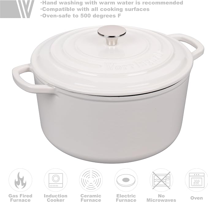 Enameled Cast Iron Dutch Oven Pot with Lid, for Sourdough Bread Baking, Round Dutch Ovens, 6 Quart, White