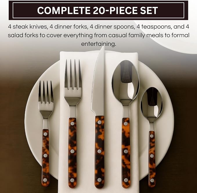 20-Piece Premium Cutlery ABS Handle, Stainless Steel Flatware Set Tortoise | Includes Forks, Knives, Spoons & Teaspoons, Complete Dining Set Perfect for Everyday Meals Dinner Parties & Special Occasions