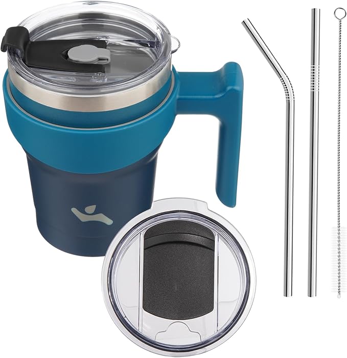 Konokyo 10 oz Tumbler with Handle and Straw, Insulated Travel Mug | Indigo Black; BPA-free, leak-proof tumbler with 2 lids, 2 straws, cup holder fit for coffee, office, travel & daily use
