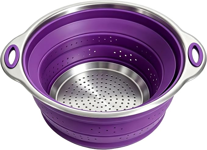 Mejoncb Collapsible Colander – Platinum Silicone Strainer with Stainless Steel Base, BPA-Free & Heat Resistant Kitchen Drain Basket (Purple)