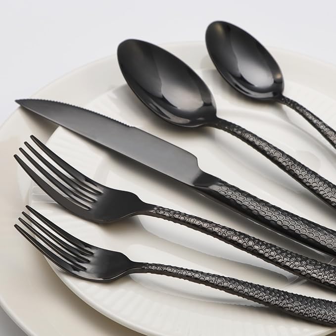 Black Hammered Silverware Set, 20 Piece Stainless Steel Flatware Set for 4, Food-Grade Tableware Cutlery Set for Home Restaurant, Mirror Polished, Dishwasher Safe