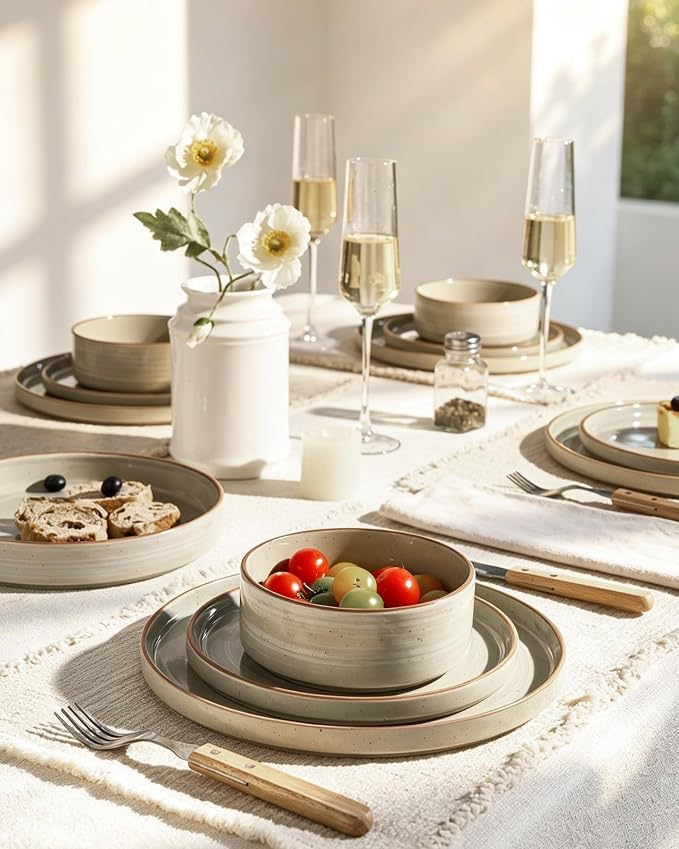 Famiware Stellar 12-Piece Stoneware Dinnerware Set, Matcha Green | Stoneware Plates and Bowls, Handmade Reactive Glaze, Microwave & Dishwasher Safe, Chip & Scratch Resistant