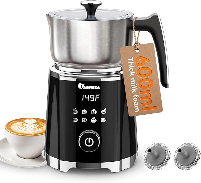 IAGREEA 8 in 1 Milk Frother and Steamer, Stainless Steel, Dishwasher Safe | Detachable Design, Dial Control, 600Ml/600W, 3 Temps (113/131/149°F), Magnetic Drive Creates Thick Creamy, Long-Lasting Foam