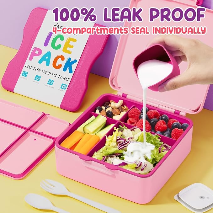 Fimibuke Chill Bento Box for Kids, Toddler Lunch Box with Built-In Ice Pack | Keep Cold Leak Proof BPA Free 4 Compartment Lunch Container with Utensil for Girl Boy School Adult, Microwave Dishwasher Safe