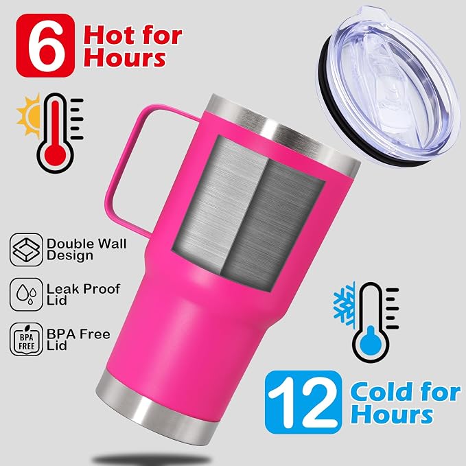 20 oz Tumbler with Handle Coffee Tumblers with Lid Travel Mug Hot Pink 12P | 20oz Tumblers with Handle Double-Wall Insulated Vacuum Coffee Mugs Stainless Steel Tumbler with Handles&Lid Hot Pink 12P