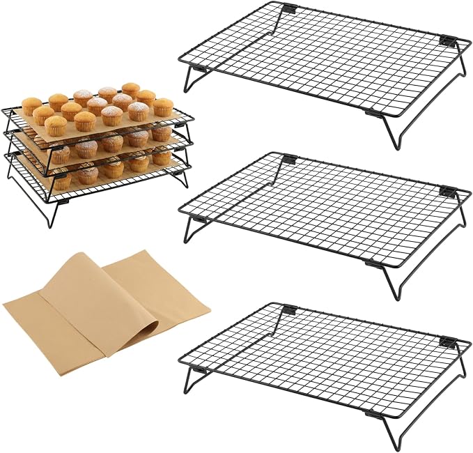 3 Pcs Cooling Rack, Stainless Steel Cooling Racks for Cooking and Baking | Bread Cake Cookie Stackable Cooling Racks 10"x13.5", Oven and Dishwasher Safe, 50 Parchment Paper Included