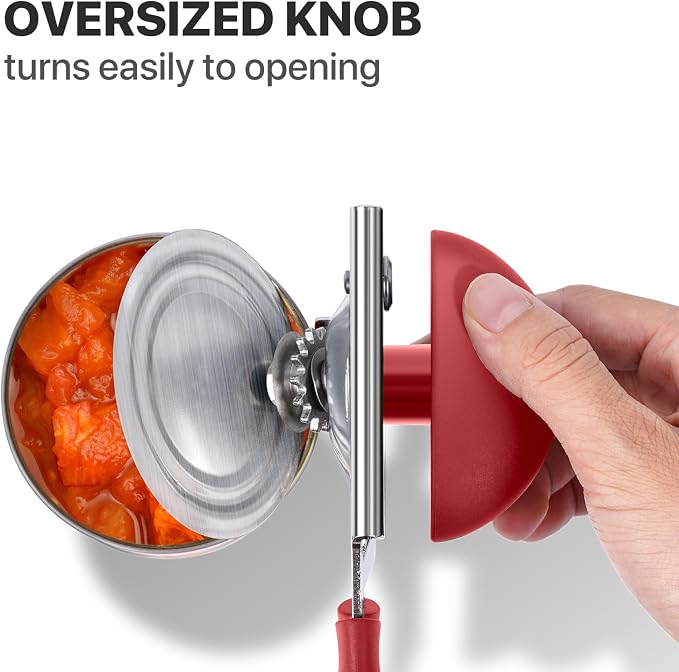 UHIYEE Heavy Duty Hand Can Opener with Comfortable Grip for Seniors, Red | Manual Can Opener, Hardened Steel Blade, Rubber-Coated Handle, Oversize Knob, Built-in Magnet & Bottle Opener