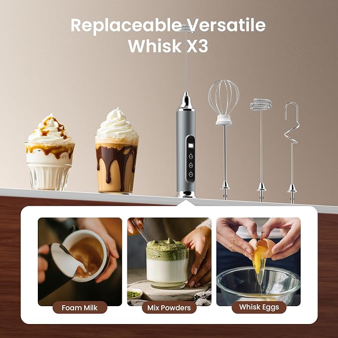 YUSWKO Milk Frother Wand for Coffee, Coffee Frother Handheld Drink Mixer | Rechargeable Mixer Wand, Waterproof Electric Whisk for Protein Powder, Lattes, Cappuccino, 3 Variable Speeds 3 Whisks, Silver