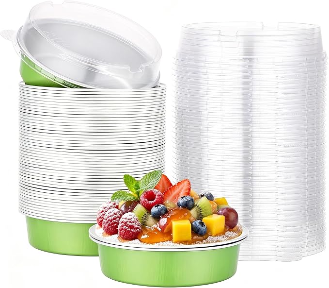 Beasea 4 Inch Pie Pans with Lids, 50 Pack 7.3 Oz Disposable Aluminum Mini Tart Pans, 215ml Foil Baking Cups Small Round Muffin Container Mini Cheesecake Tins for Pie Tart Quiche - Matcha Green