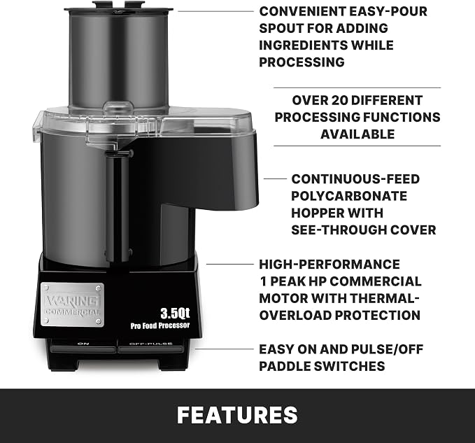 Waring Food Processor with 3.5 Quart Capacity & Continuous-Feed | 3.5 Quart Capacity, 1 Horsepower Motor, Continuous-Feed Food Processor, Vegetable Chopper for Professional Kitchens