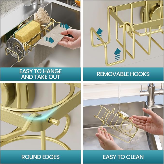 TAILI 4-in-1 Sink Sponge Holder for Kitchen with Strong Suction Cup-Gold | Removable Sink Caddy with Suction Cup, Rustproof 304 Stainless Steel Multi-compartment Sink Organizer for Sponge, Brushes