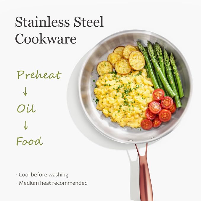 CAROTE 7-Piece Tri-Ply Stainless Steel Frying Pan Set, Skillet Set 8"/10"/12", Induction Compatible, Oven & Dishwasher Safe, Gold Handle