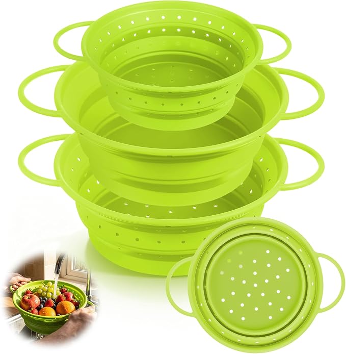 3 Pack Collapsible Colander with Strainer Bowl Set,Green | 11 & 13 In Silicone Colanders for Kitchen, Heat-Resistant Strainer Dishwasher Safe Baskets for Vegetable Fruits