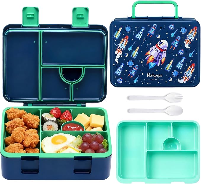 rockpapa Bento Box for Kids - Large 5.5 Cups Lunch Box with Utensils - 5 Compartments, BPA-Free, Leak Proof, Portable Handle for Boys Girls, Microwave/Dishwasher Safe (Blue Rocket)