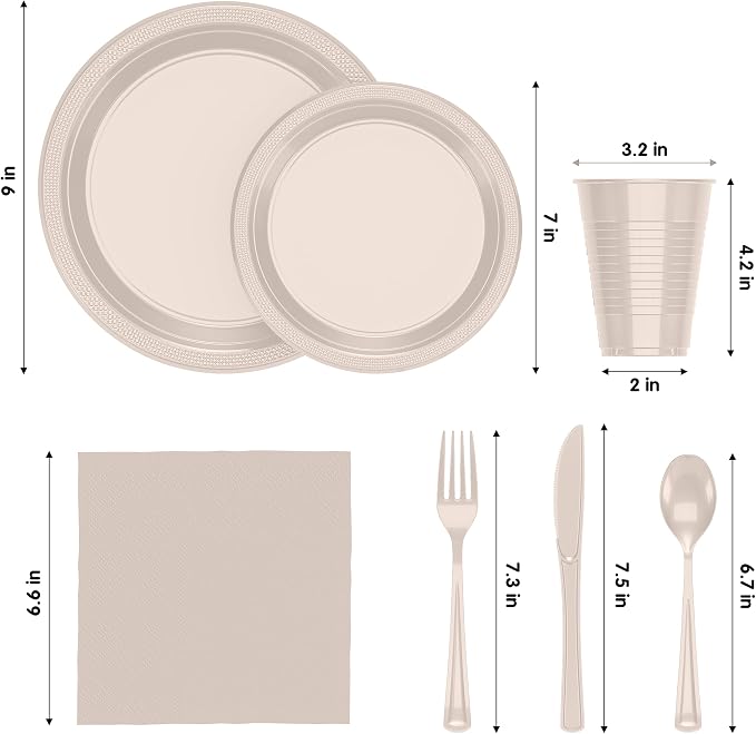 Exquisite 350 Pcs Ivory plates and napkins Party supplies Plate Set | Sturdy Plastic Dinnerware Set with 9" & 7" Plates, 12 Oz Cups, Napkins and Cutlery Serves 50 For Birthdays & Everyday