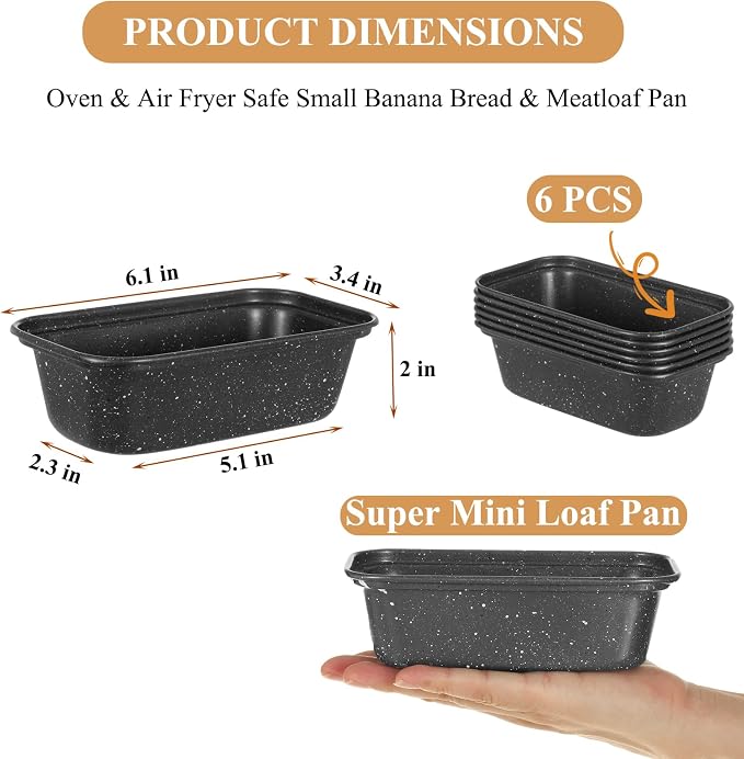 Walooza Mini Loaf Pan, 6x3 Inch Nonstick Bread Pans for Baking, Oven & Air Fryer Safe Small Banana Bread & Meatloaf Pan, Carbon Steel Baking Tins for Homemade Bread (Mini Loaf Pan(6-pack))