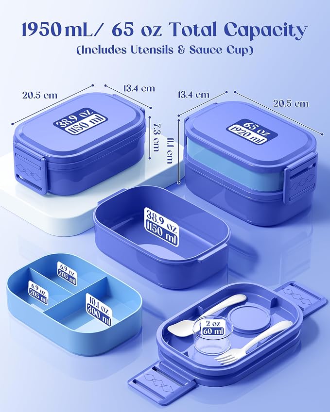 Bento Lunch Box, 65 oz 3-Tier Stackable Lunch Container, Adjustable 2/3 Tier Design, BPA-Free Food-Grade Plastic, Leakproof, Microwave & Dishwasher Safe, Blue