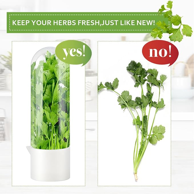 3 Pack Herb Keeper for Refrigerator, Vertical Herb Keeper for Fridge with Scissors, Vegetable Preservation Container for Cilantro, Parsley, Mint&Asparagus, Extends Freshness for 2-3 Weeks