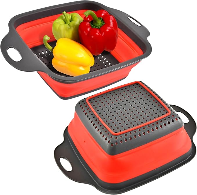 Square Collapsible Colander with Handles – Red Square Silicone Kitchen Strainers with Plastic Handles Foldable Kitchen Strainer Perfect for Draining Pasta Vegetable and Fruit Red