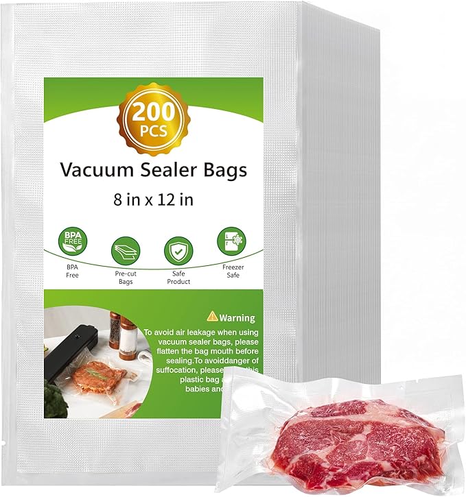 Vacuum Sealer Bags for Food Storage, 8" x 12" Vacuum Seal Bags, 200 Count | 3Mil Embossed BPA-Free Puncture-Resistant Bags, Universal Fit for Sous Vide, Meal Prep, Freezer Storage & Food Preservation