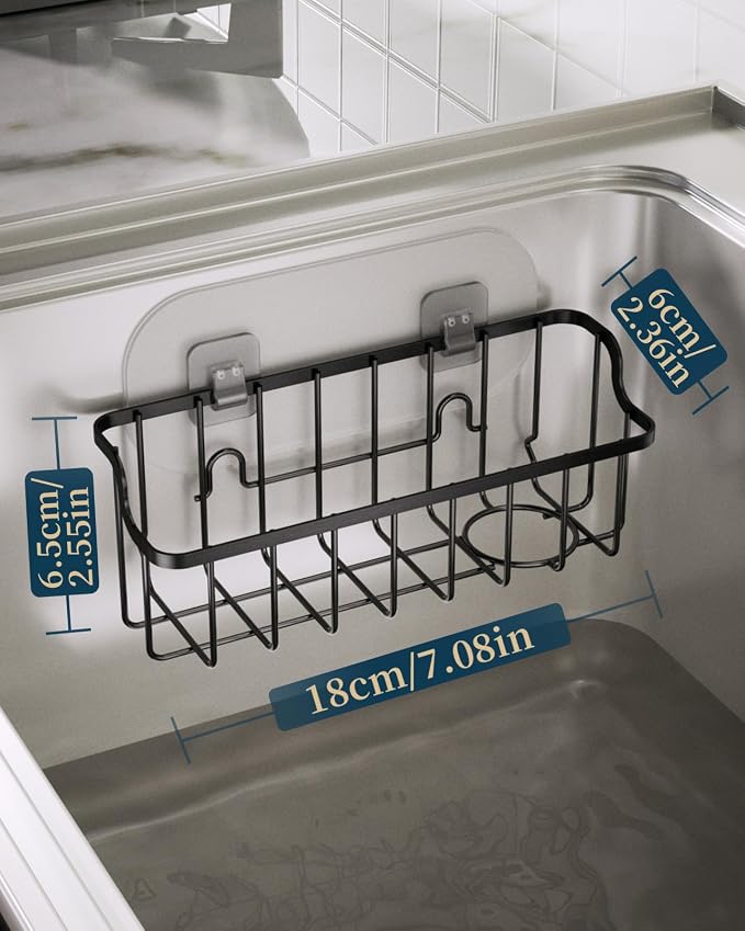 Consumest Sponge Holder Sink Caddy - Ladder Shaped Sponge Holder for Kitchen Sink with 2 Installation Ways (Suction Cups & Adhesive Hook), Rustproof Stainless Steel Kitchen Organizer, Black