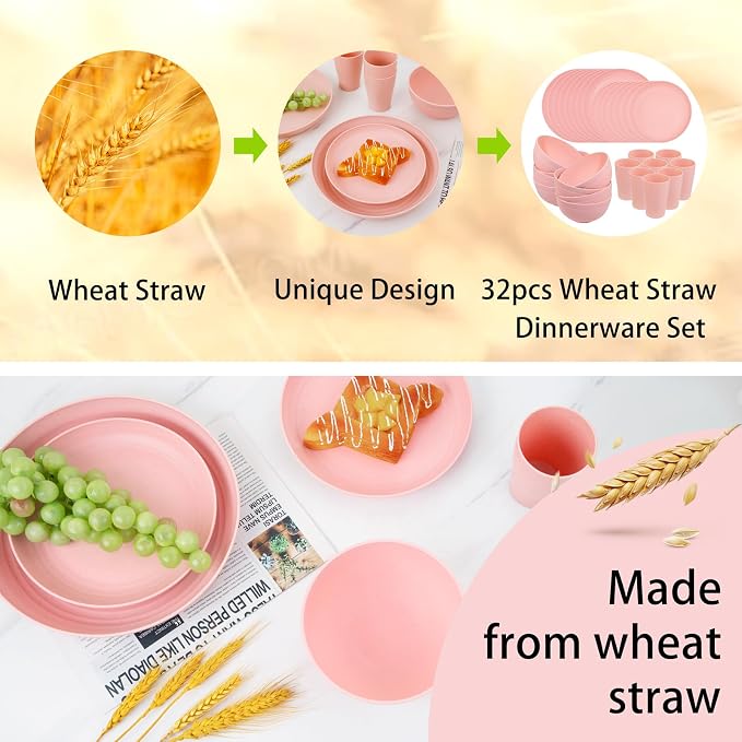 32Pcs Pink Plates and Bowls Sets for 8, Unbreakable Dinnerware | Lightweight reusable wheat straw pink dishes set. Shatterproof pastel camp plates & bowls for college dorm, RV, or picnics.